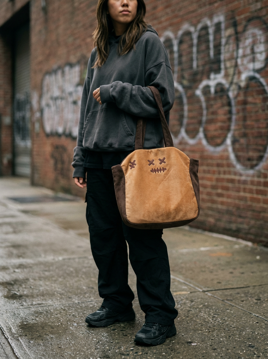 A person carries a tan Burnt Toasty tote bag outdoors.