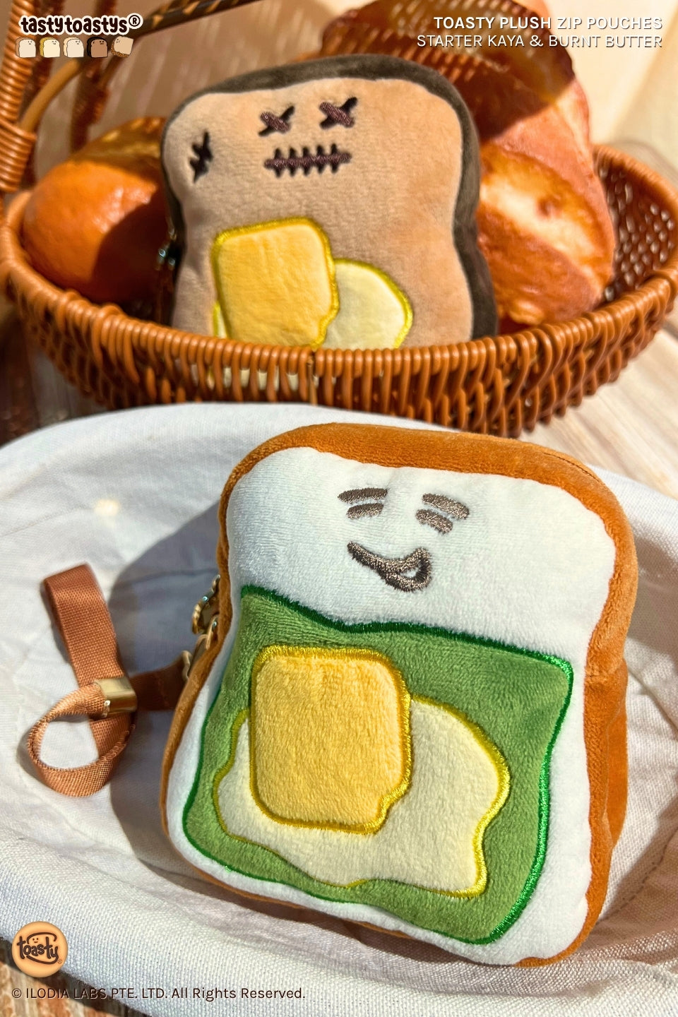 Starter Kaya and Burnt Butter plush zip pouches arranged in a basket.