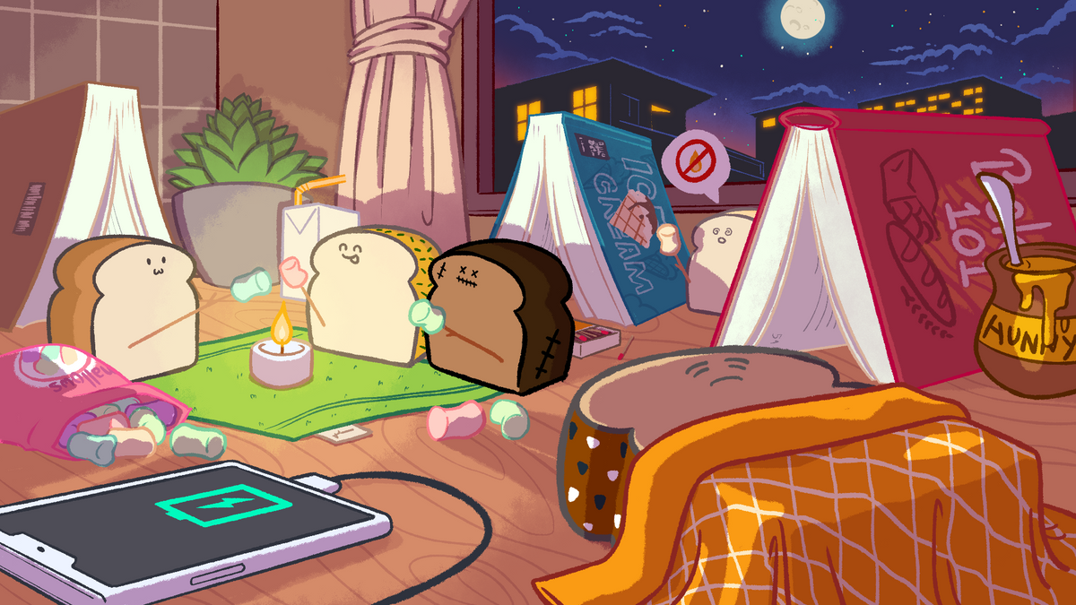 A cozy illustrated scene from Toasty's world