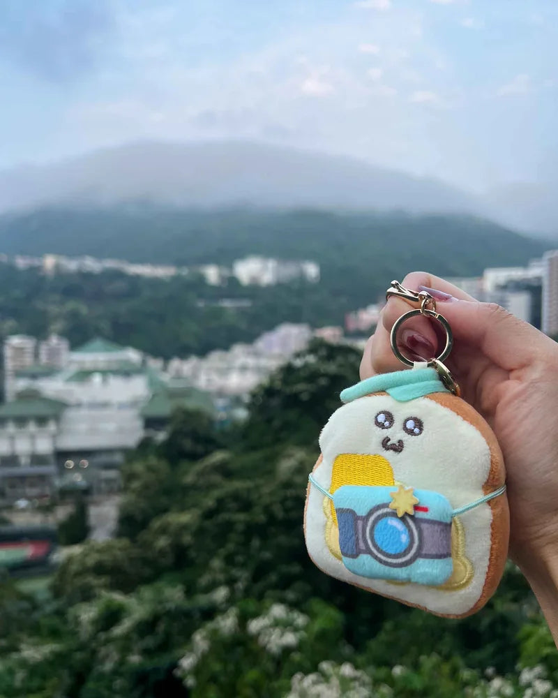 Tourist Toasty charm held above a city view, with buildings and green hills behind it.